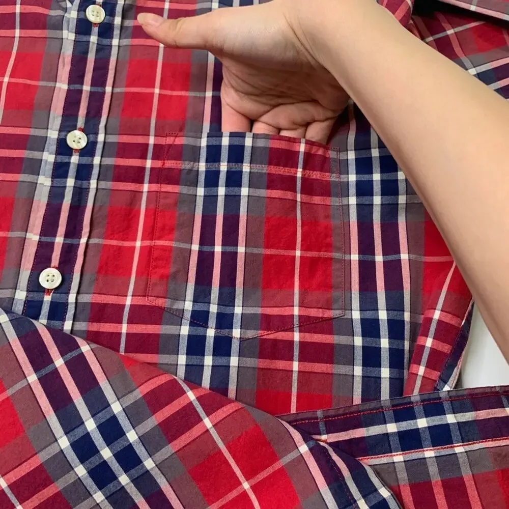 J Crew Shirt Mens S Small Red Cotton Washed Tartan Plaid Button Up Long Sleeve